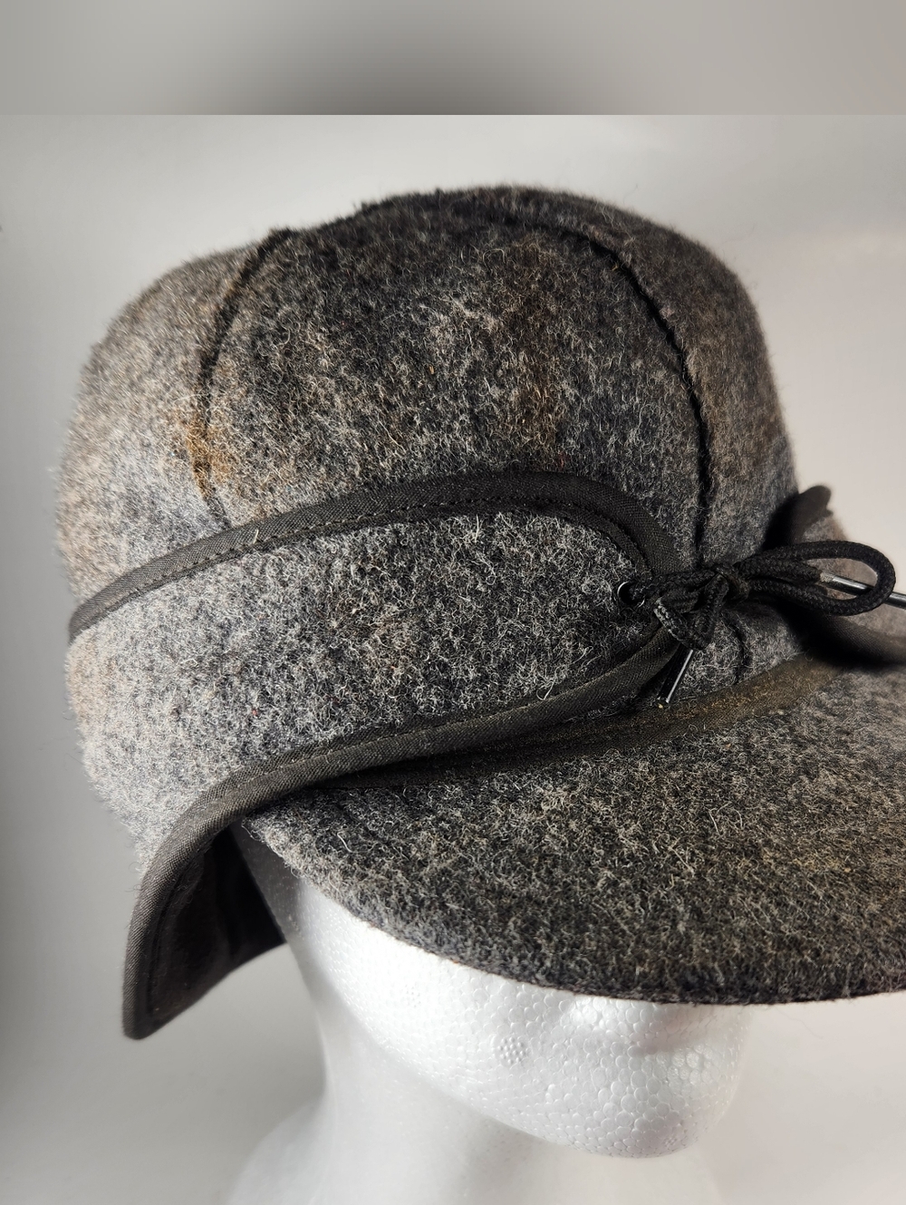 STORMY KROMER Hat Cap Wool Blend Vintage Gray Ear Flaps Outdoors Made USA
